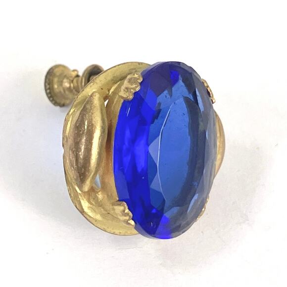 VTG 40s 50s Mid Century Gold Tone Screw Back Earrings Cobalt Blue Glass - Picture 16 of 16